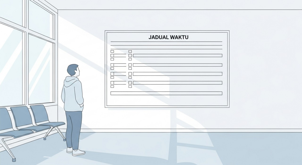 Seorang pesakit sedang melihat jadual waktu operasi yang dipaparkan di dinding klinik.