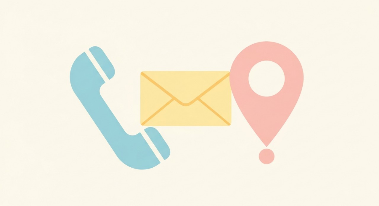 Ikon-ikon penting seperti telefon, e-mel, dan alamat untuk dihubungi bagi membuat janji temu klinik.