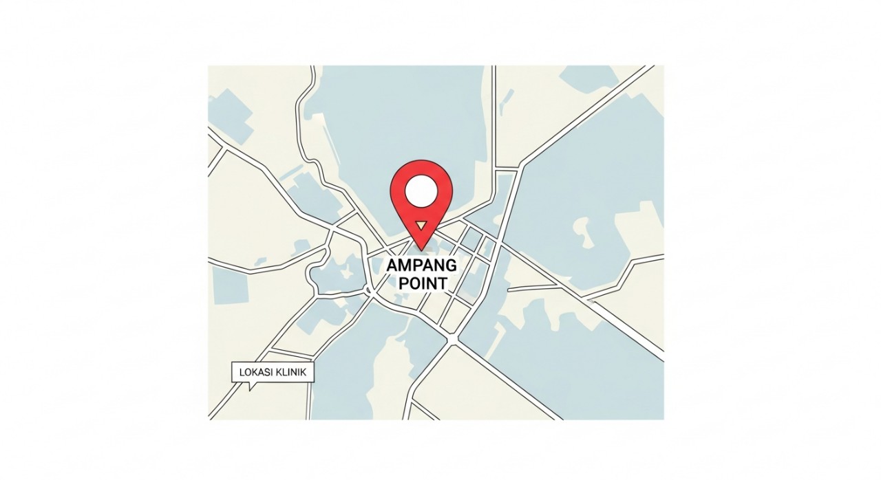 Ikon pin lokasi berwarna merah diletakkan di atas peta kawasan Ampang Point yang ringkas, menunjukkan kedudukan klinik.
