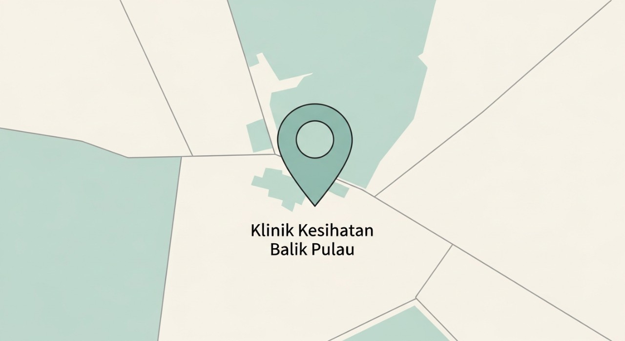 Simbol lokasi dan penunjuk arah navigasi menuju ke Klinik Kesihatan Balik Pulau