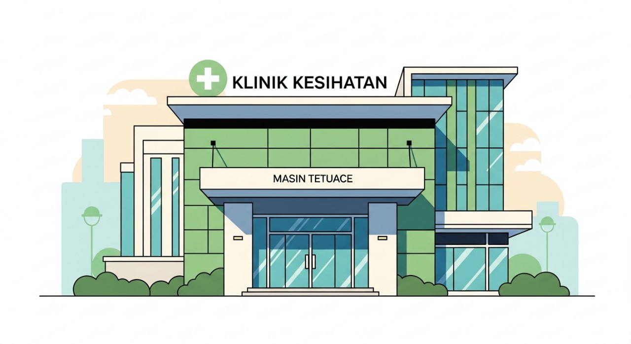Pemandangan luar bangunan hadapan sebuah klinik kesihatan yang moden.