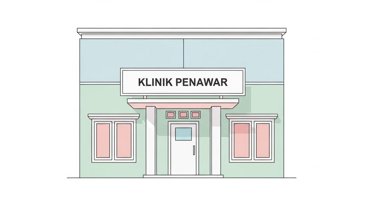 Pandangan hadapan bangunan Klinik Penawar Taman Daya yang moden dengan pintu masuk utama.