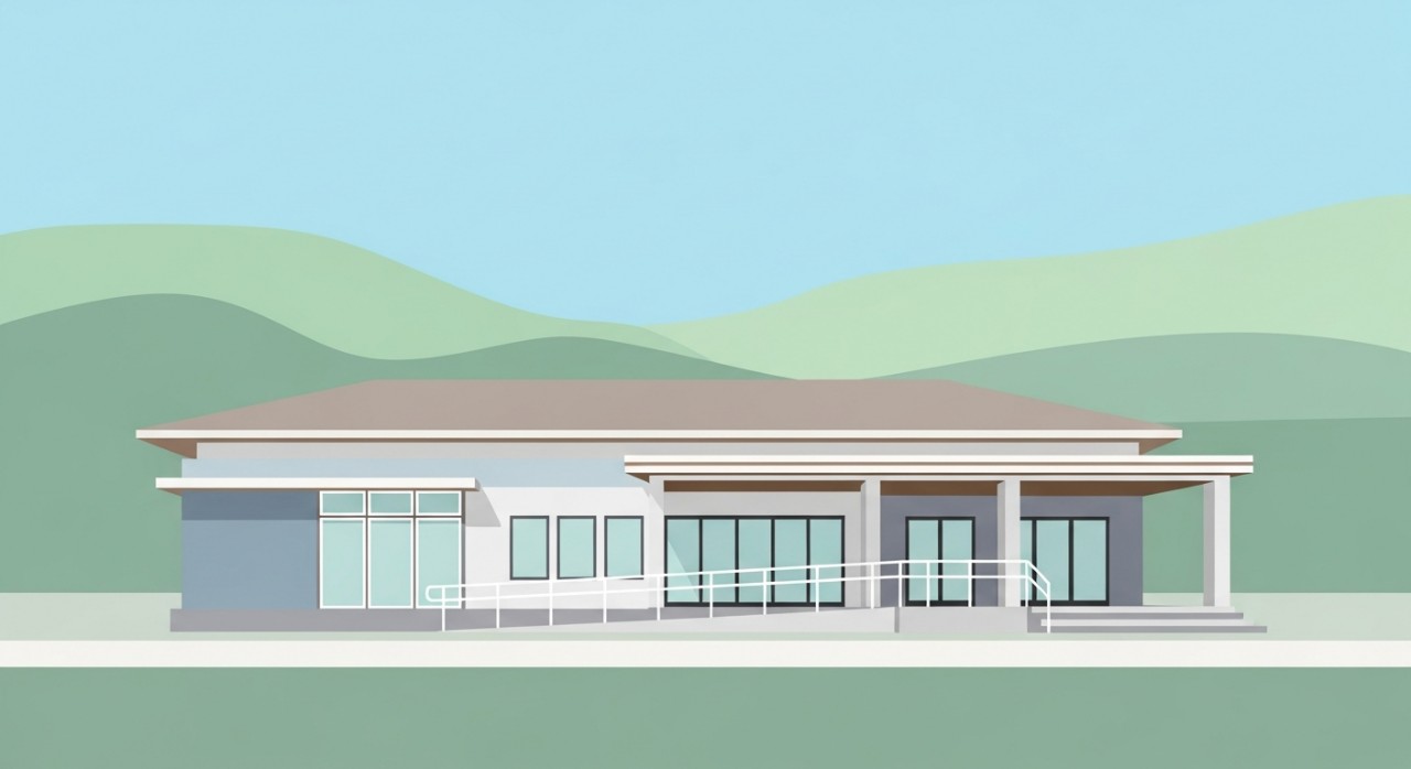 Pandangan luar bangunan Klinik Desa Wallace Bay yang bersih dan moden dengan latar belakang kehijauan.