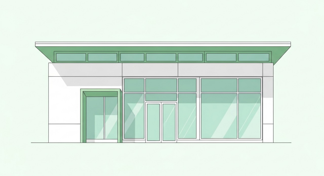 Fasad bangunan klinik desa yang kelihatan moden dengan pintu masuk yang jelas.