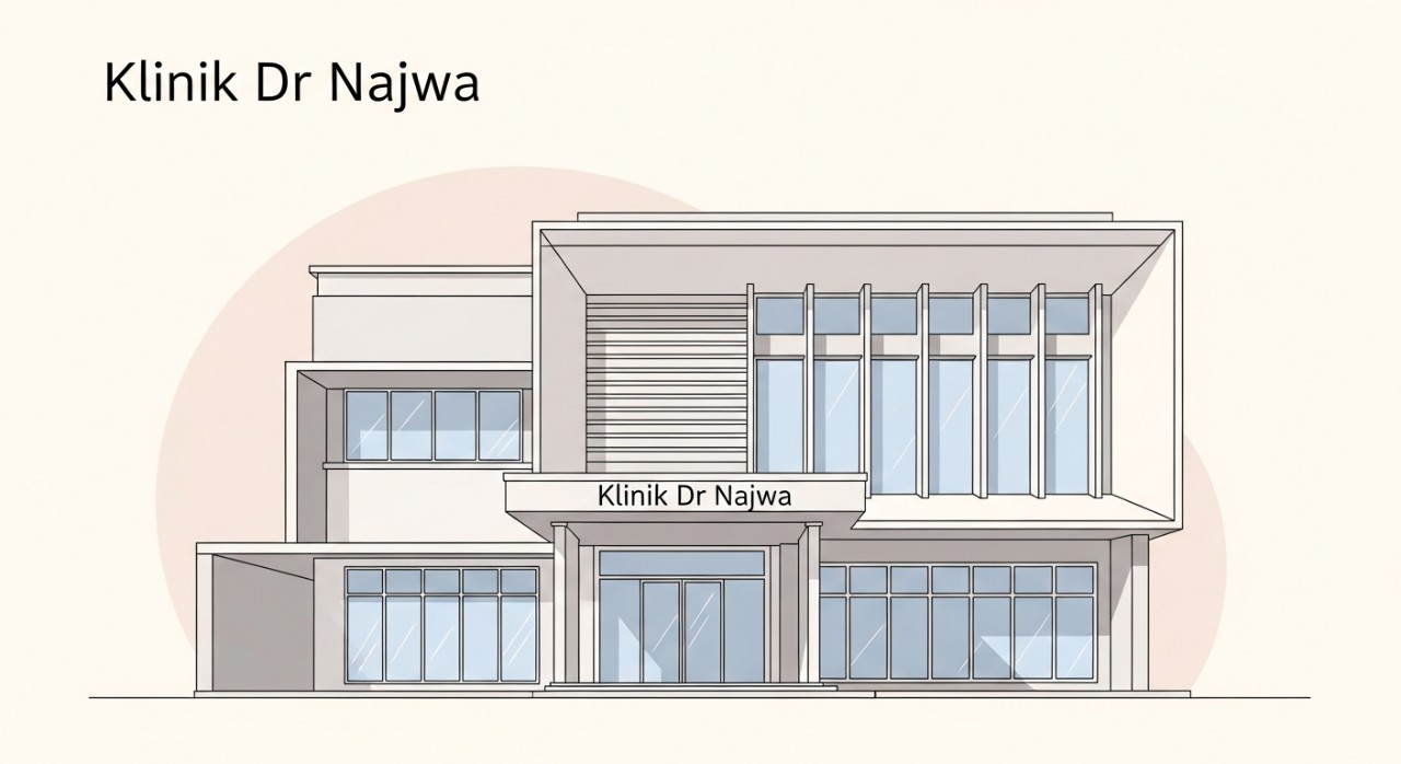 Pandangan hadapan (fasad) bangunan Klinik Dr Najwa yang moden dan bersih di kawasan Bukit Mertajam.