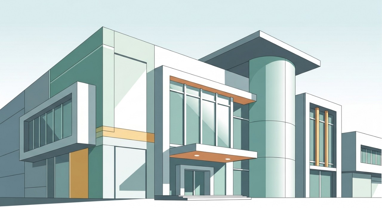 Ilustrasi ringkas dan bersih luaran bangunan Klinik Kesihatan Cheneh dengan elemen alam minimalis.