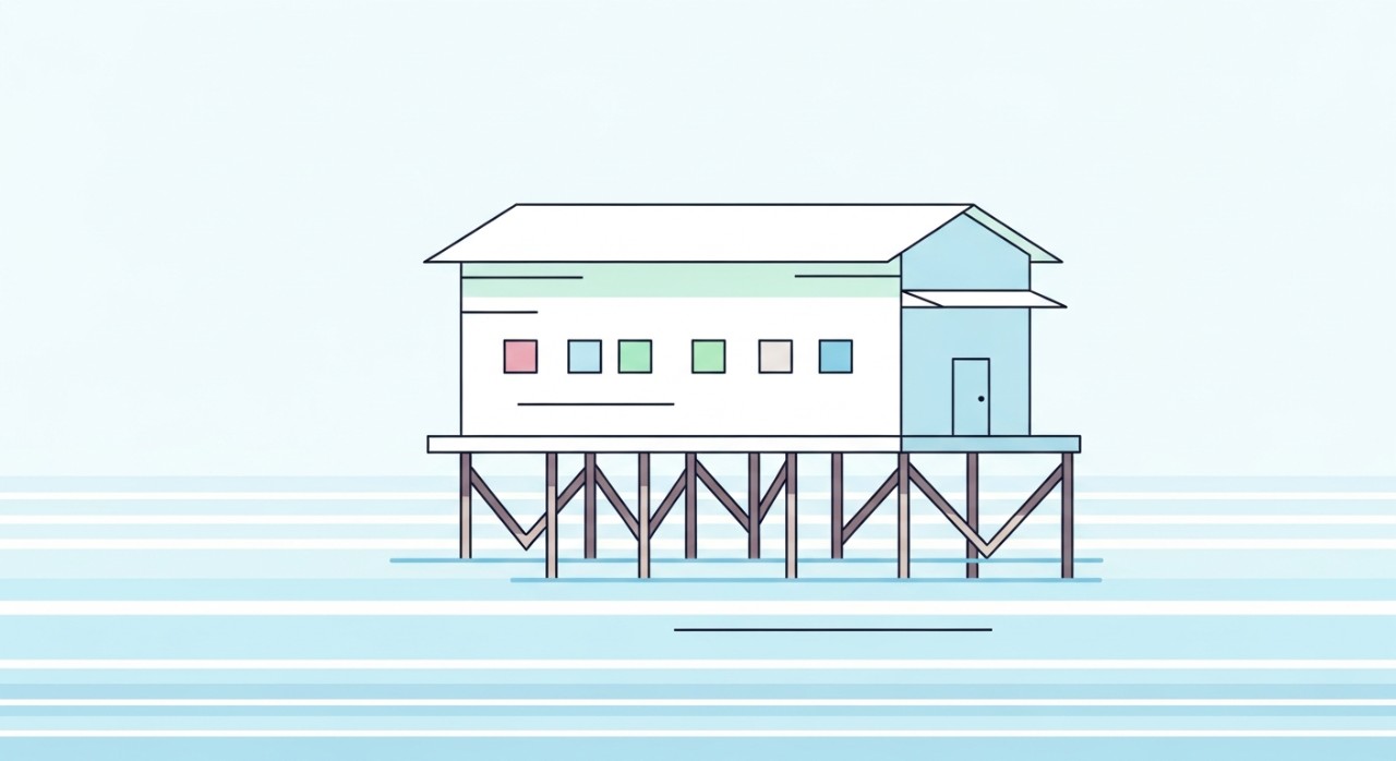 Pandangan hadapan bangunan klinik kesihatan yang dibina di atas struktur kayu di perkampungan atas air.