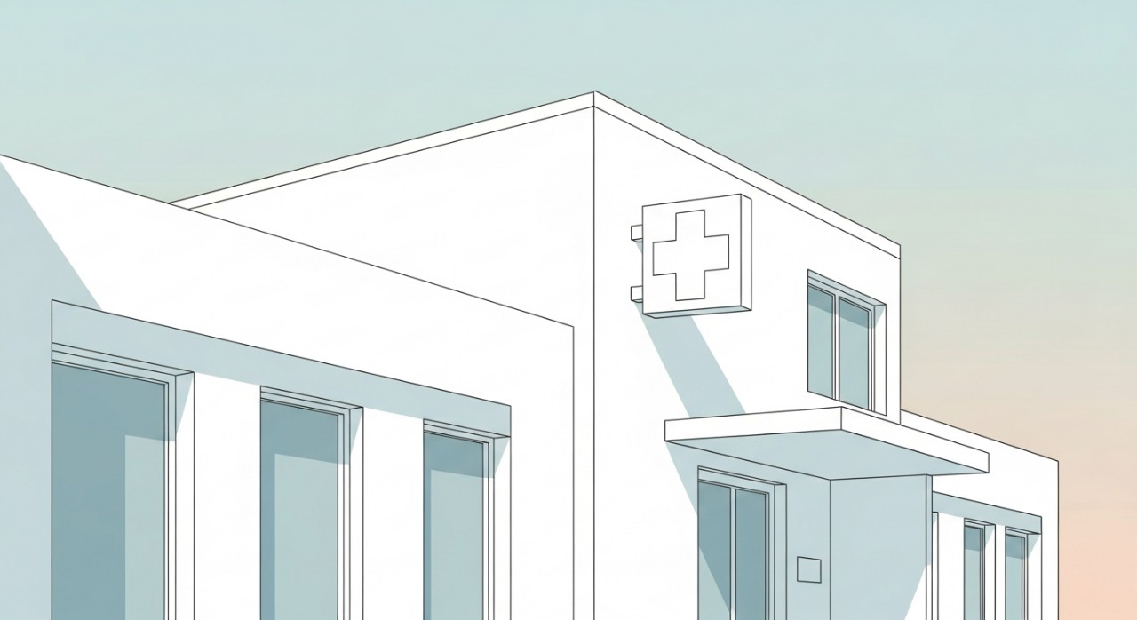 Pandangan depan bangunan klinik kesihatan yang bersih dan moden.