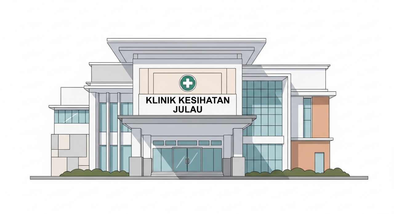 Pandangan luar hadapan bangunan Klinik Kesihatan Julau yang bersih dan moden