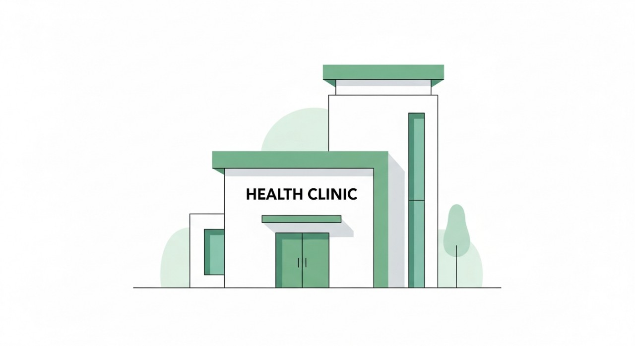 Gambaran fasad luar bangunan Klinik Kesihatan Kunak dengan reka bentuk yang ringkas dan moden.