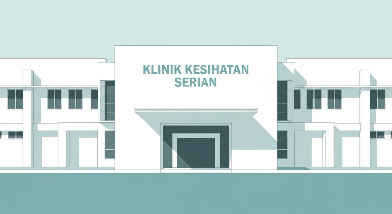 Fasad hadapan bangunan Klinik Kesihatan Serian yang moden dengan reka bentuk ringkas.