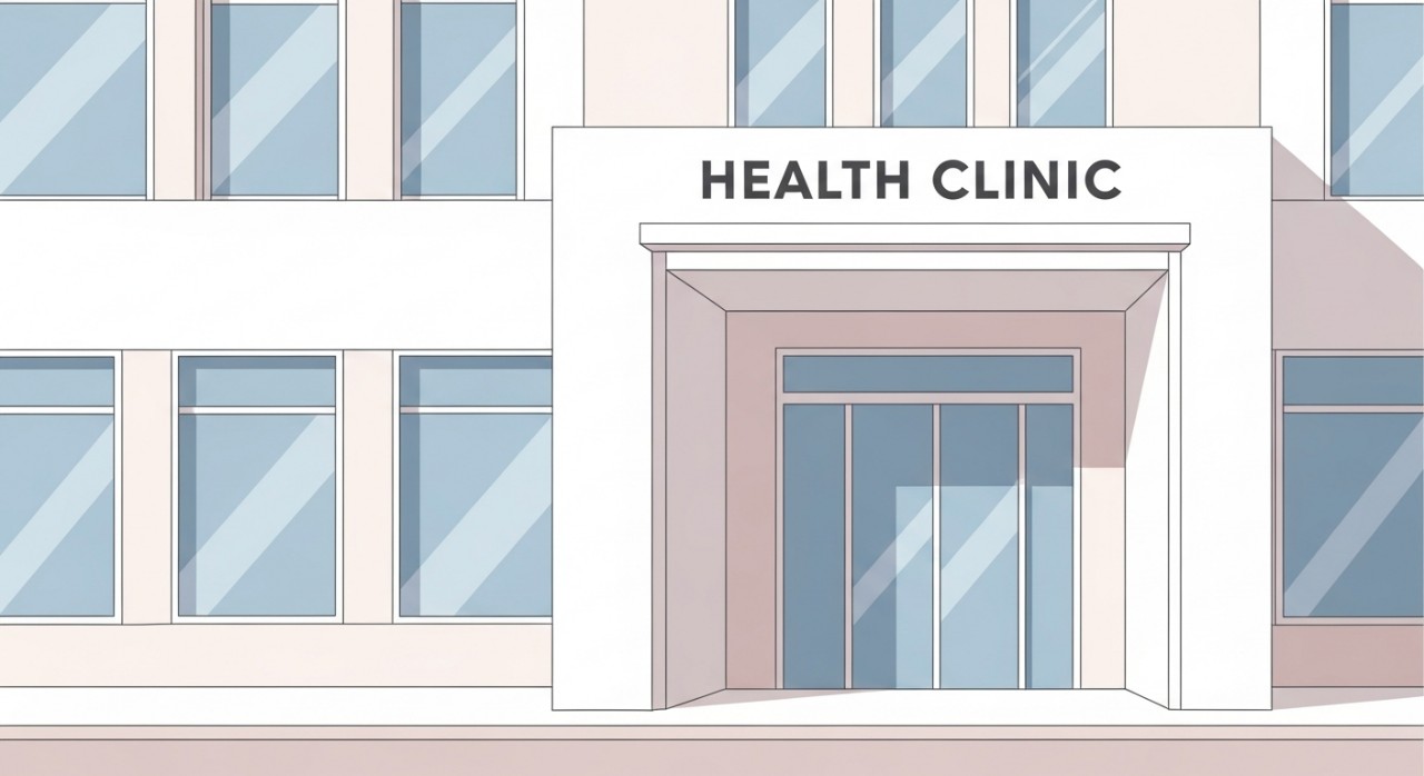 Pandangan hadapan bangunan Klinik Kesihatan Sitiawan yang moden dengan reka bentuk minimalist.