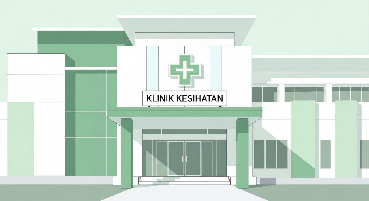 Pandangan hadapan minimalis bangunan Klinik Kesihatan Sri Aman yang bersih dan moden.