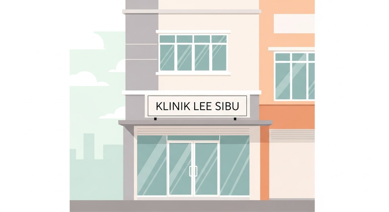 Pandangan hadapan bangunan sederhana sebuah klinik kesihatan di kawasan bandar Sibu.