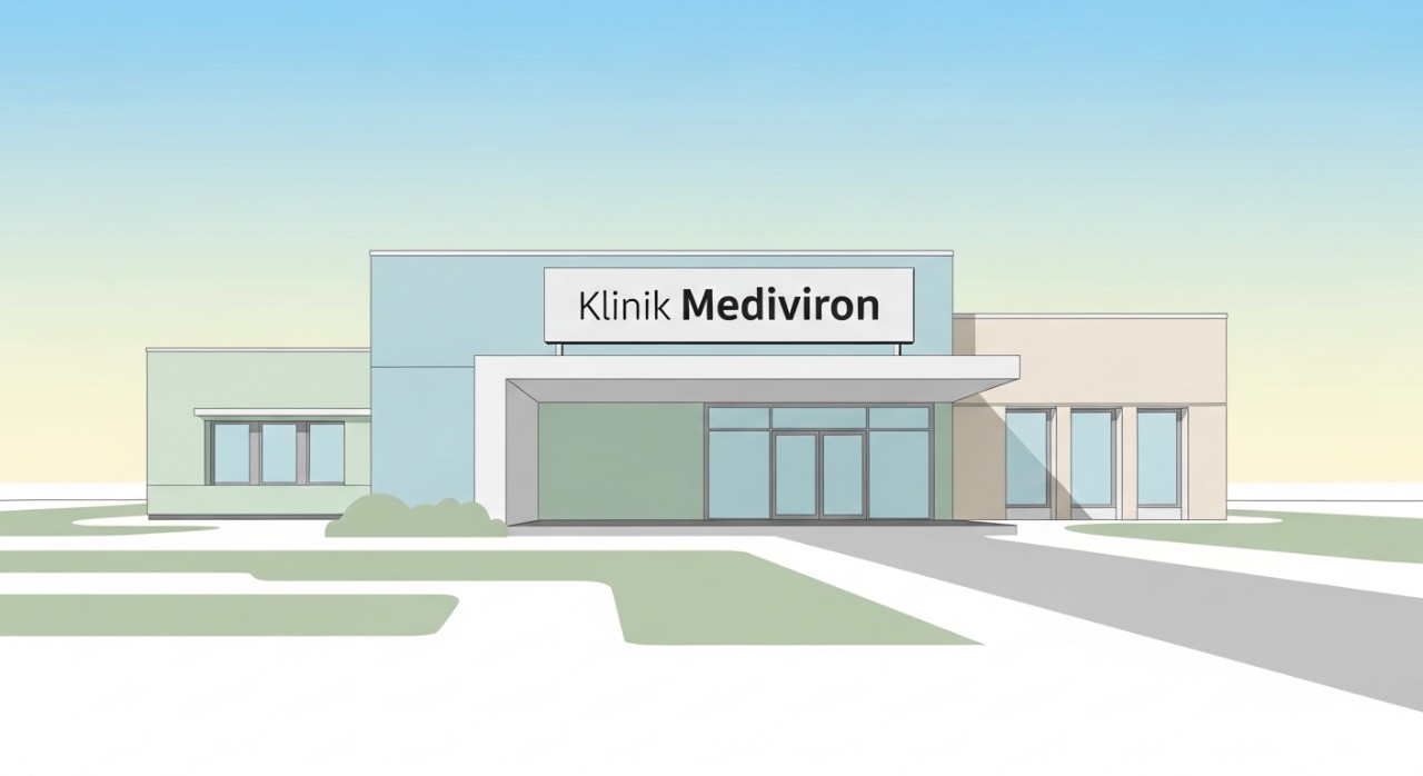 Pemandangan hadapan bangunan Klinik Mediviron Semenyih yang moden dengan papan tanda jelas.