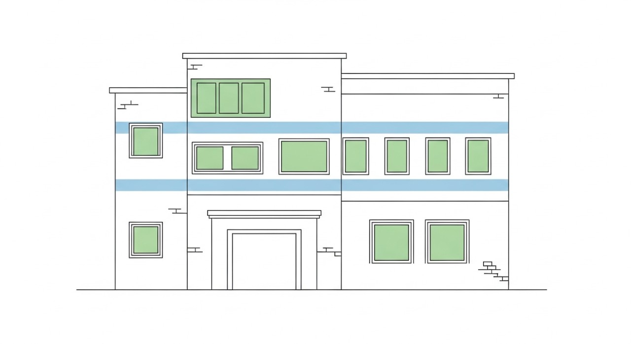 Pemandangan hadapan sebuah bangunan klinik moden dengan pintu masuk utama yang bersih.