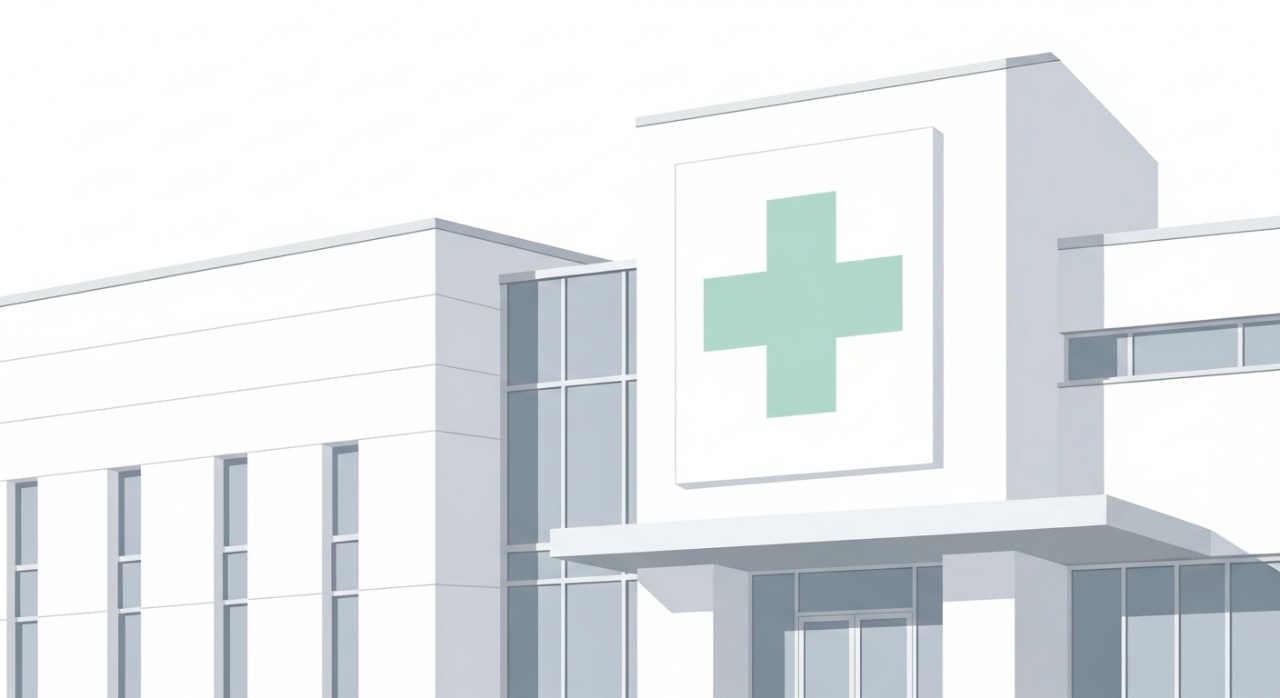 Pemandangan hadapan bangunan Klinik Mediviron yang moden dengan reka bentuk minimalis.