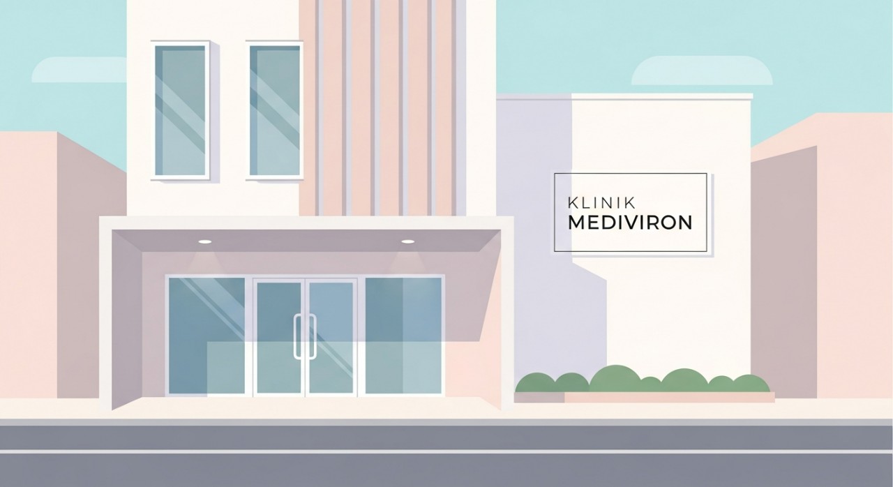Pandangan hadapan bangunan Klinik Mediviron yang moden dan bersih.