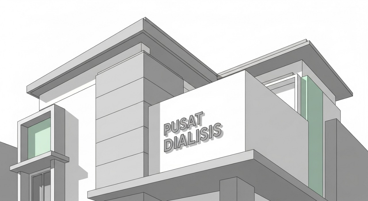 Pandangan hadapan bangunan Pusat Dialisis NKF Kuching dengan signage yang jelas.