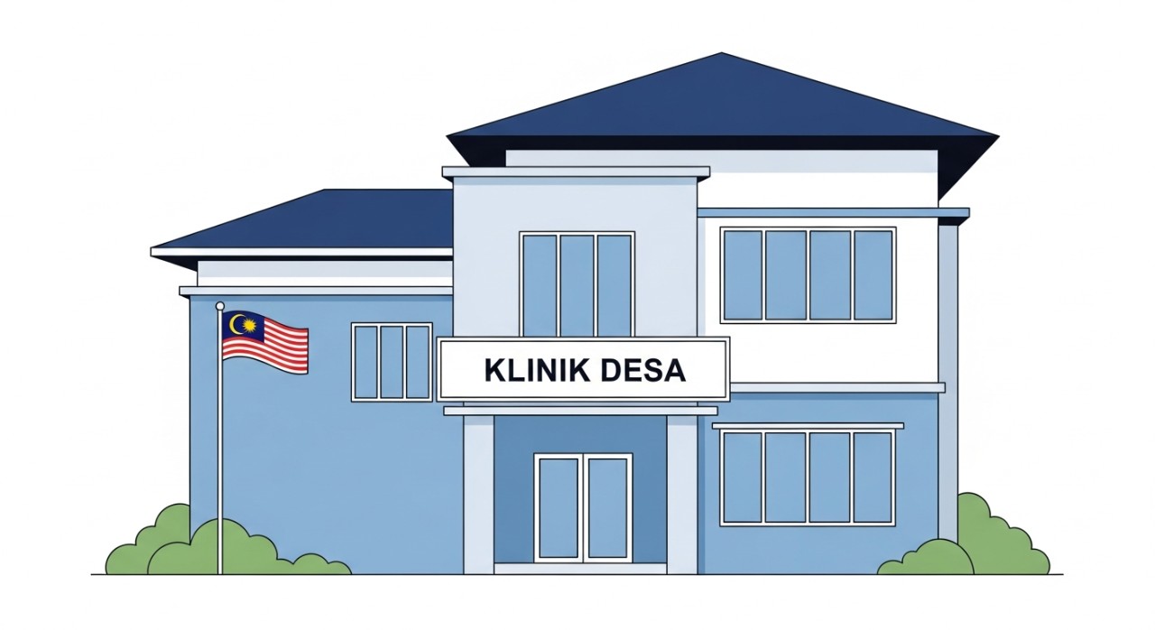 Pandangan hadapan bangunan Klinik Desa yang ringkas dan moden di kawasan desa.