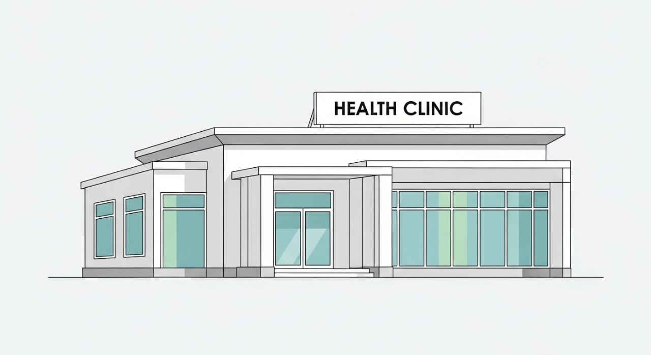 Pandangan hadapan bangunan Klinik Kesihatan yang moden dengan reka bentuk minimalis.