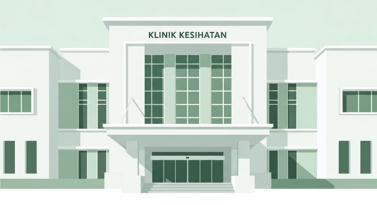 Pandangan hadapan bangunan Klinik Kesihatan Padang Gajah yang moden dan bersih.