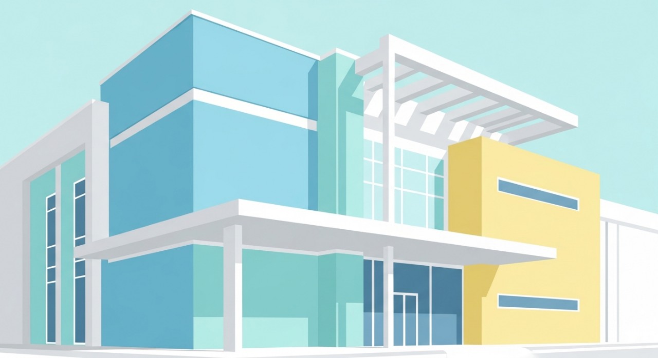 Pandangan hadapan bangunan klinik kesihatan yang moden dan bersih di bawah langit biru.