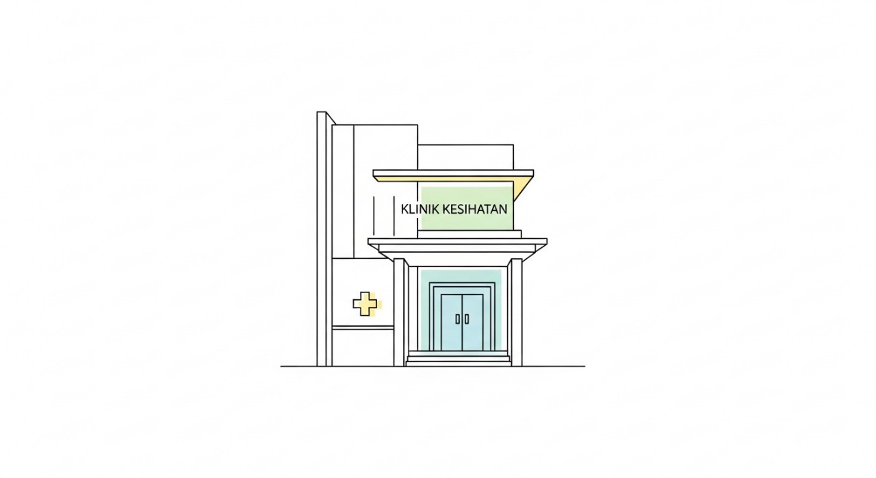 Gambaran luaran hadapan sebuah bangunan klinik kesihatan dengan pintu masuk yang jelas.