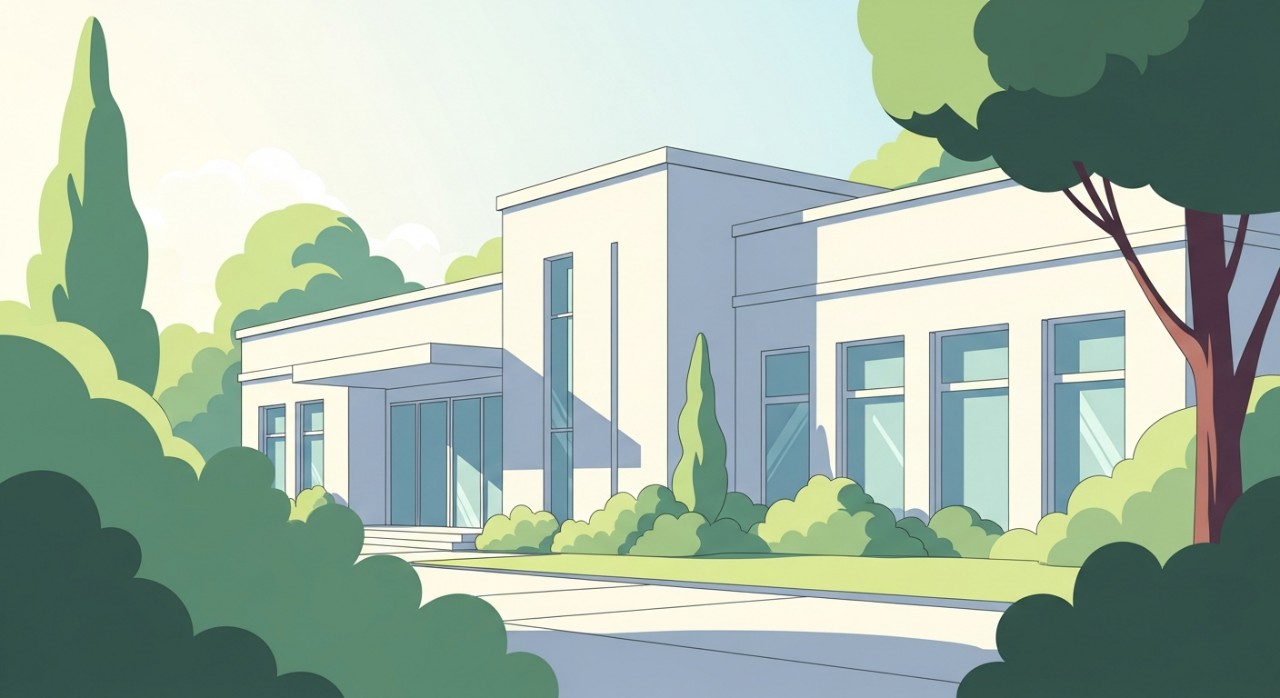 Pandangan hadapan bangunan moden Klinik Kesihatan Sematan yang berlatar belakang langit biru. 