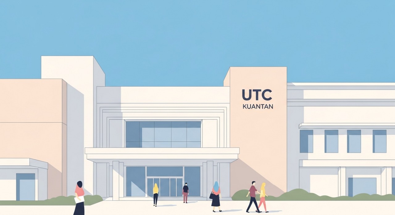 Pemandangan hadapan bangunan utama UTC Kuantan dari jalan pada waktu siang.