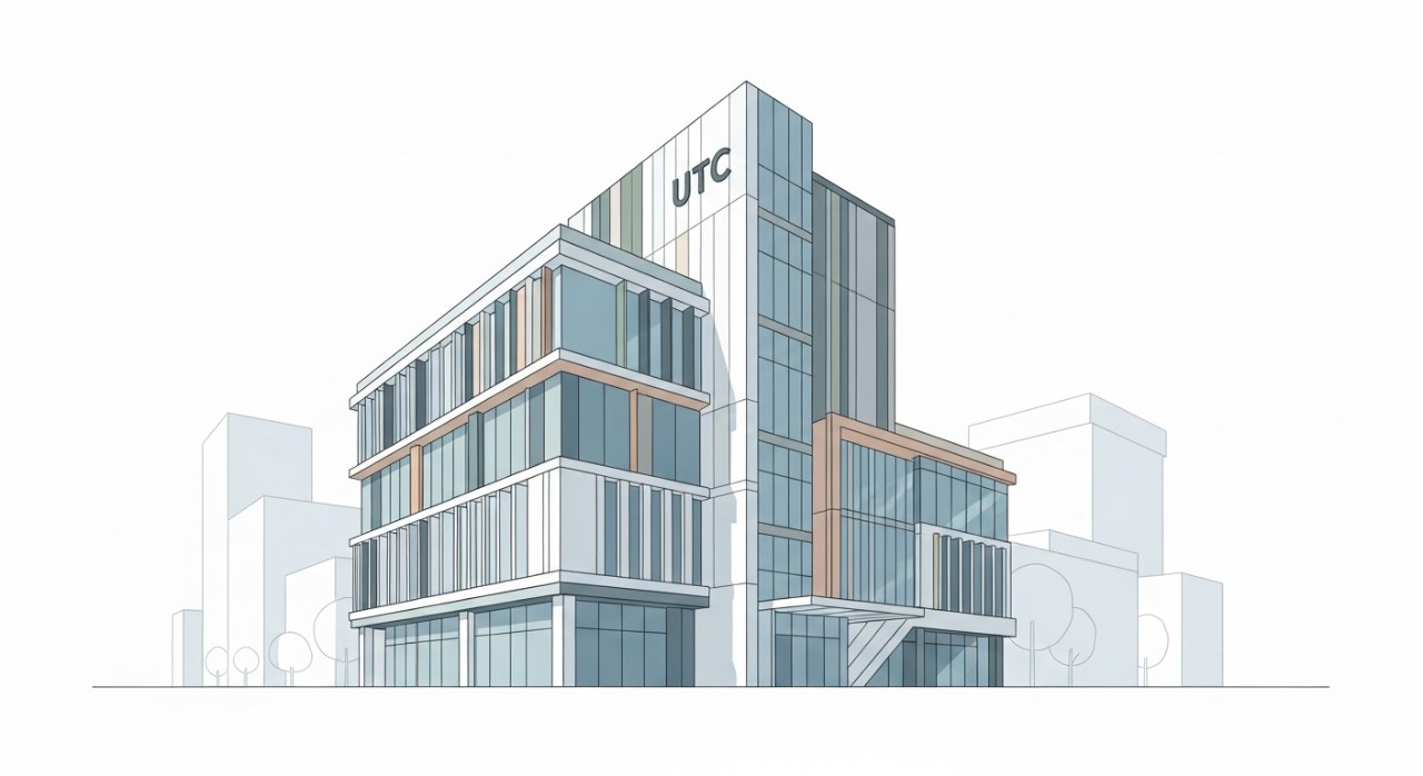 Pandangan luar bangunan Pusat Transformasi Bandar (UTC) Keramat yang moden dan tinggi.