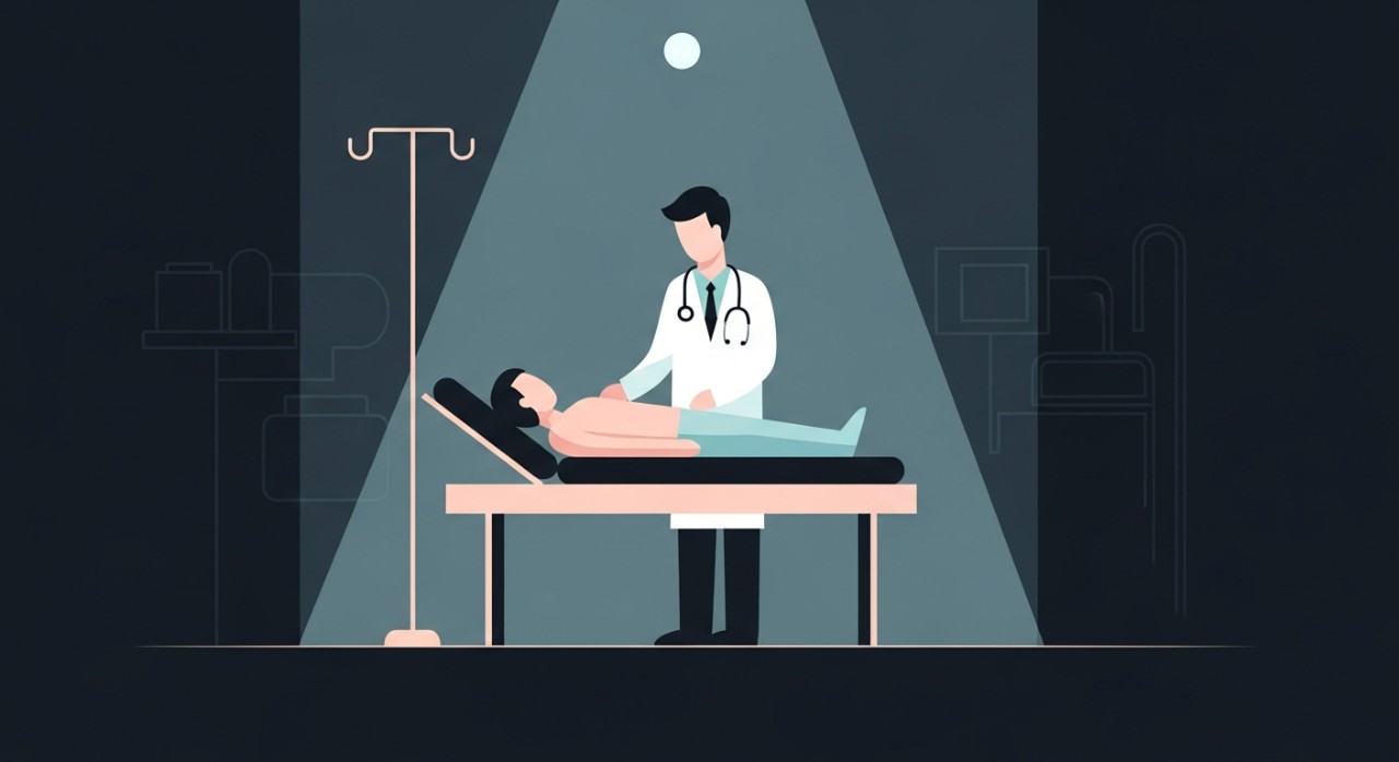 Seorang doktor sedang memberikan rawatan kepada pesakit di bilik klinik pada waktu larut malam.