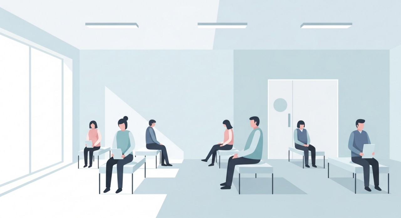 Beberapa pesakit sedang duduk di kerusi ruang menunggu klinik kesihatan yang bersih.