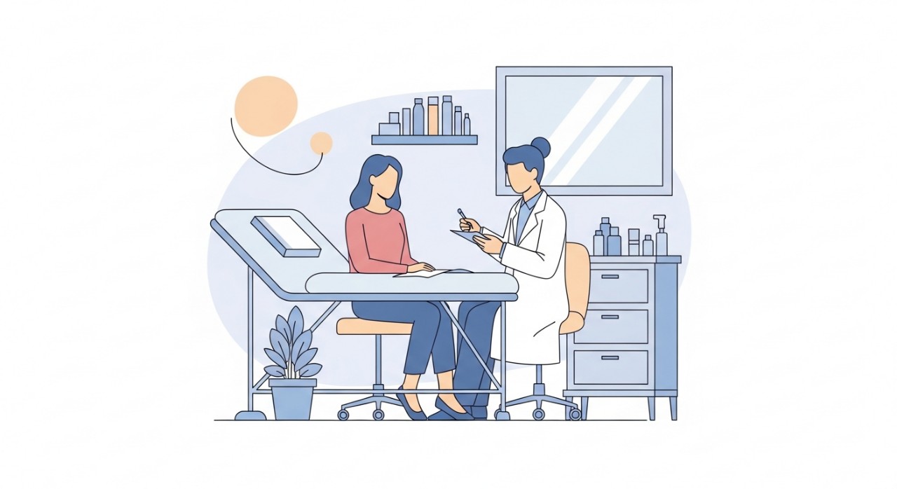 Masa Operasi Klinik Pakar Kulit Ko Miri 2026: Jadual Terkini 1 Seorang doktor pakar kulit sedang berbincang dengan pesakit di dalam bilik konsultasi yang moden.