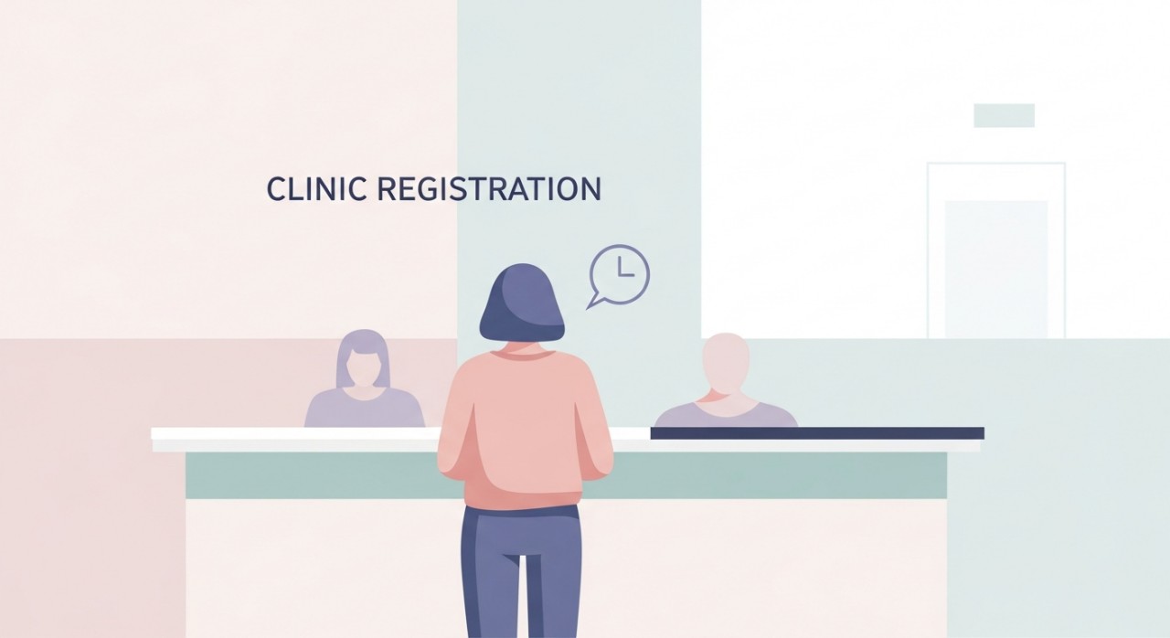 Seorang individu sedang melihat jam tangan di hadapan pintu masuk klinik yang masih ditutup.