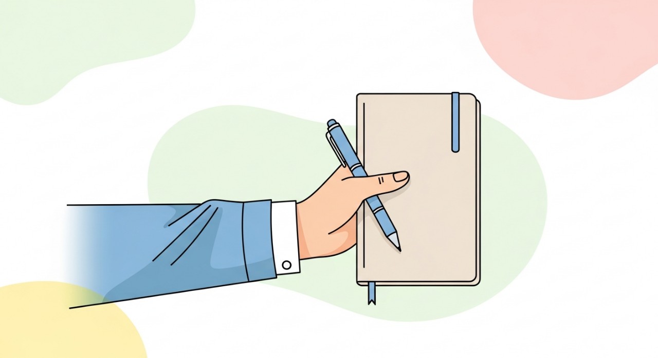 Tangan seorang jururawat sedang memegang buku nota dan pen, melambangkan perkhidmatan kesihatan.