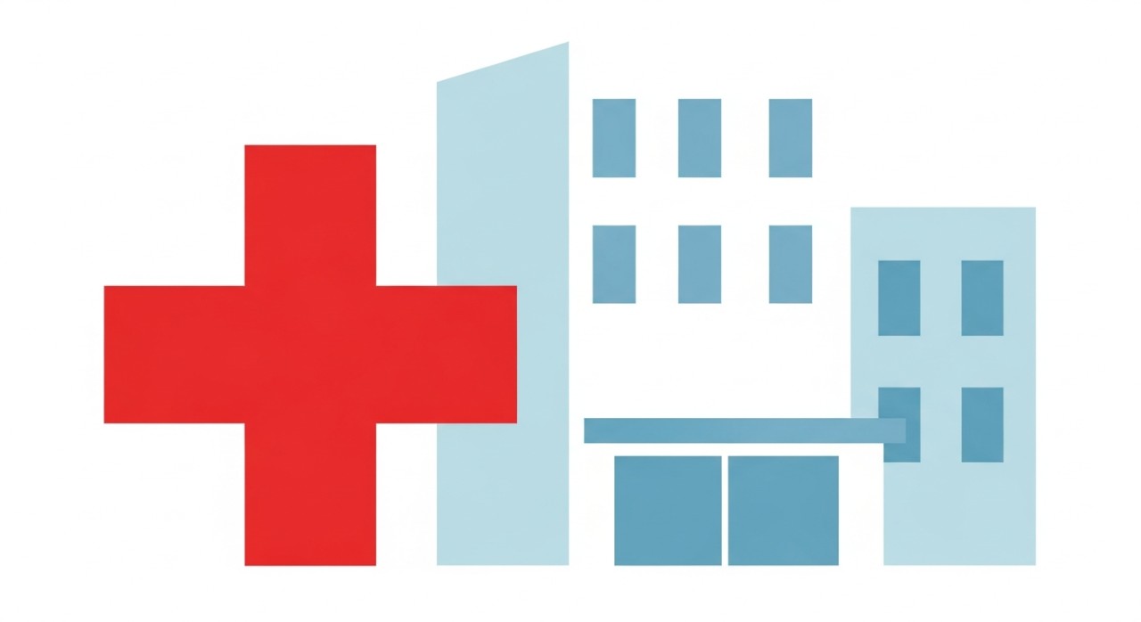 Simbol palang merah menandakan Unit Kecemasan di hadapan bangunan hospital.