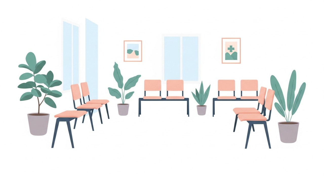 Ruang bilik menunggu yang bersih dan tenang di dalam klinik desa.
