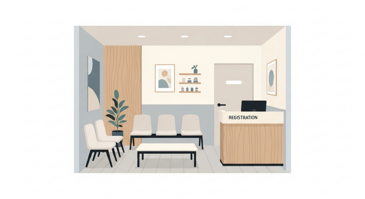 Ruang menunggu di dalam klinik desa dengan beberapa kerusi dan meja pendaftaran.