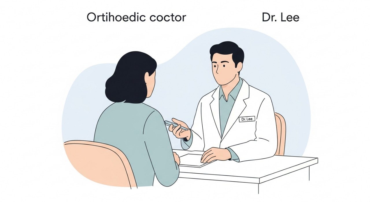 Masa Operasi Klinik Pakar Ortopedik Dr Lee Terkini 2026 1 Seorang doktor berbaju kot putih sedang berbincang dengan pesakit di meja konsultasi.