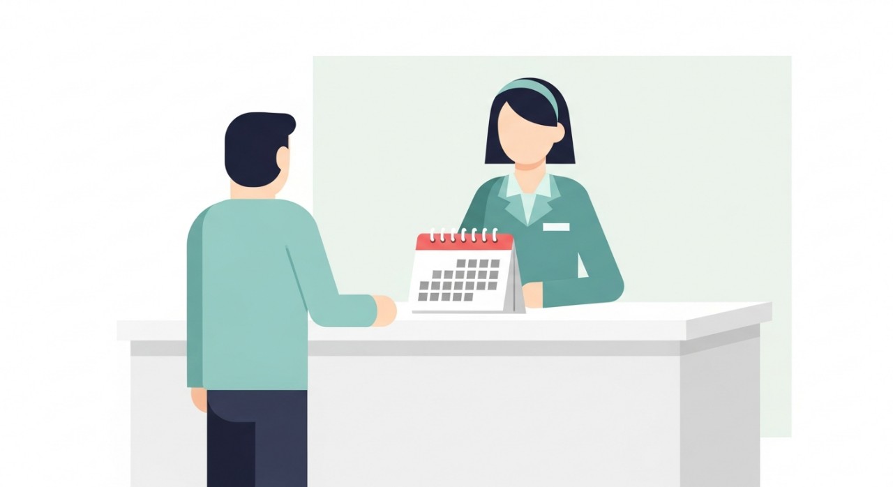 Masa Operasi Klinik Pakar Mata ISEC Sibu 2026 1 Seorang pesakit sedang bercakap dengan kakitangan kaunter penyambut tetamu untuk menetapkan tarikh janji temu.