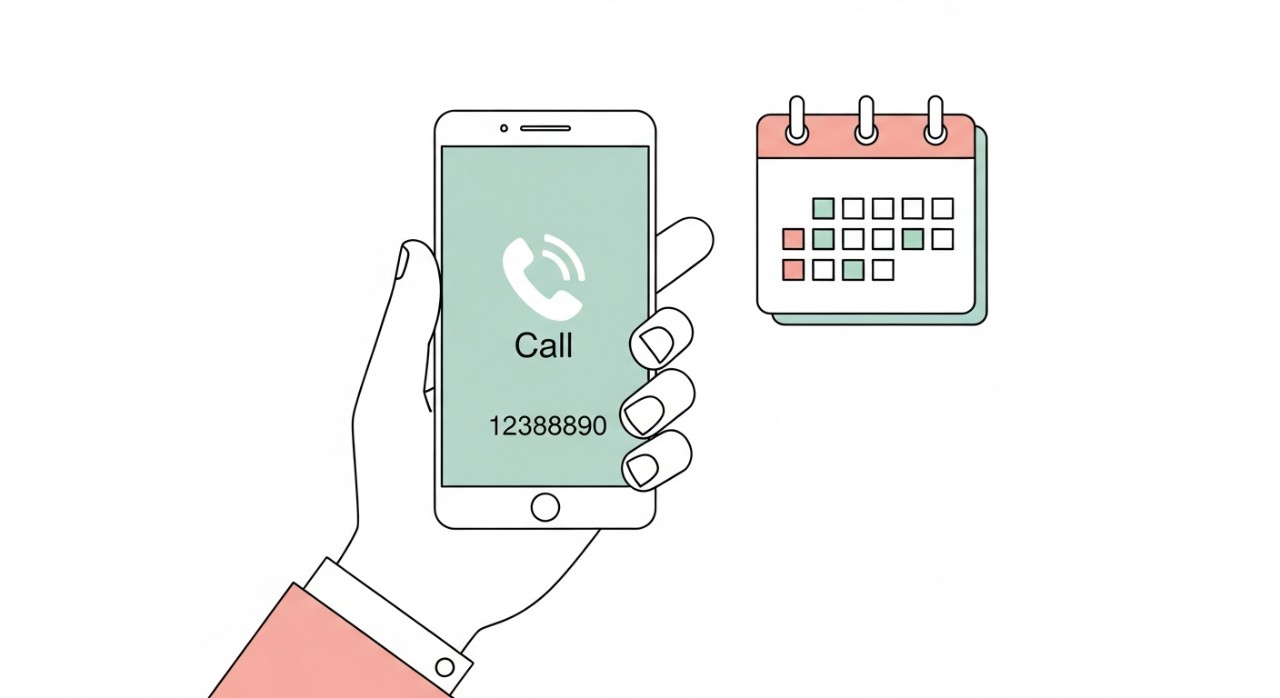 Masa Operasi Klinik Pakar Mata ISEC Melaka Terkini 2026 1 Tangan sedang memegang telefon bimbit dengan skrin menunjukkan nombor telefon untuk menghubungi kaunter klinik.