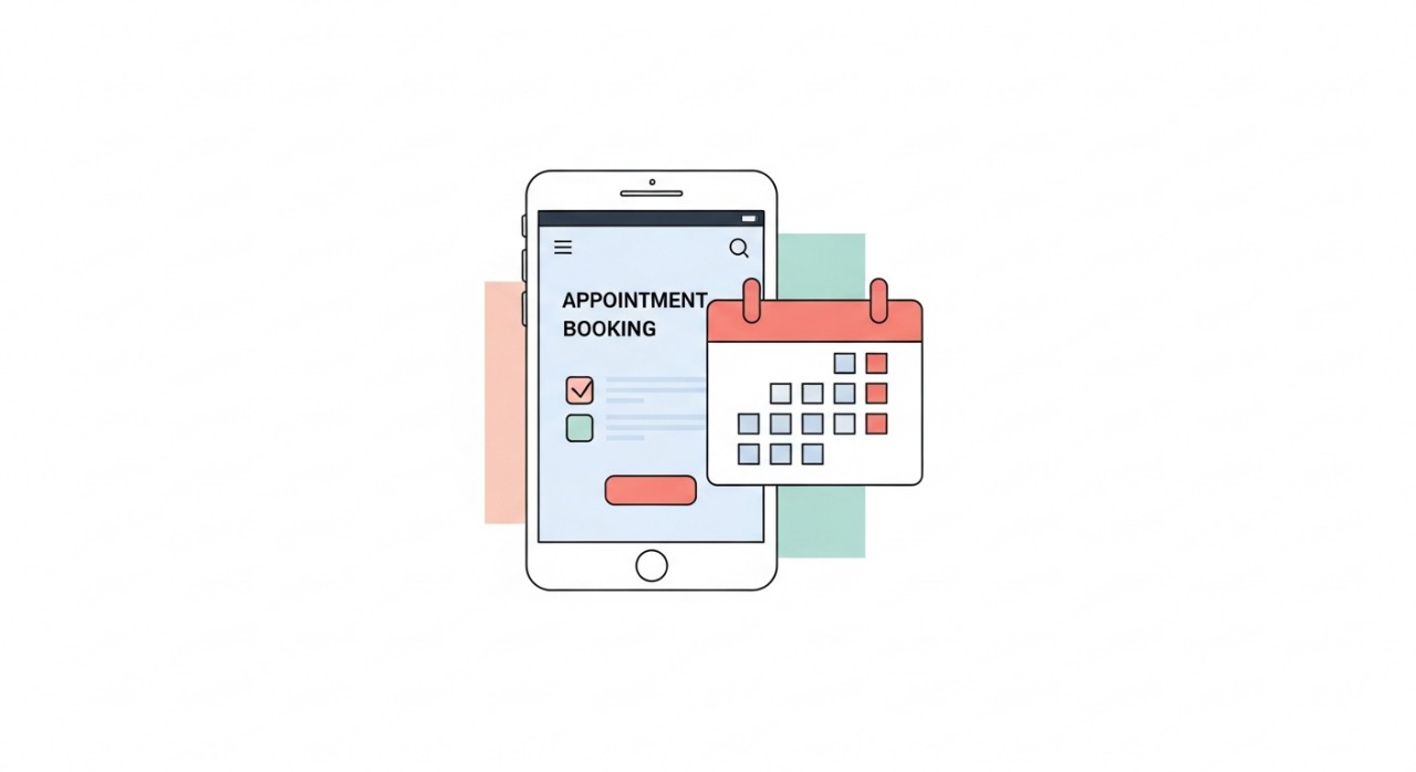Ikon kalendar dan telefon pintar mewakili proses membuat janji temu secara dalam talian.