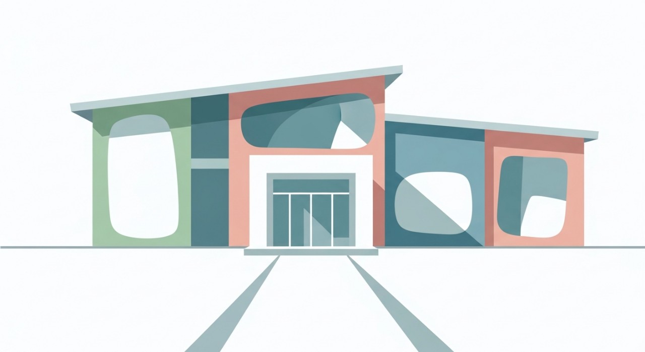 Pemandangan luar bangunan klinik kesihatan desa yang bersih dan ringkas pada waktu siang.