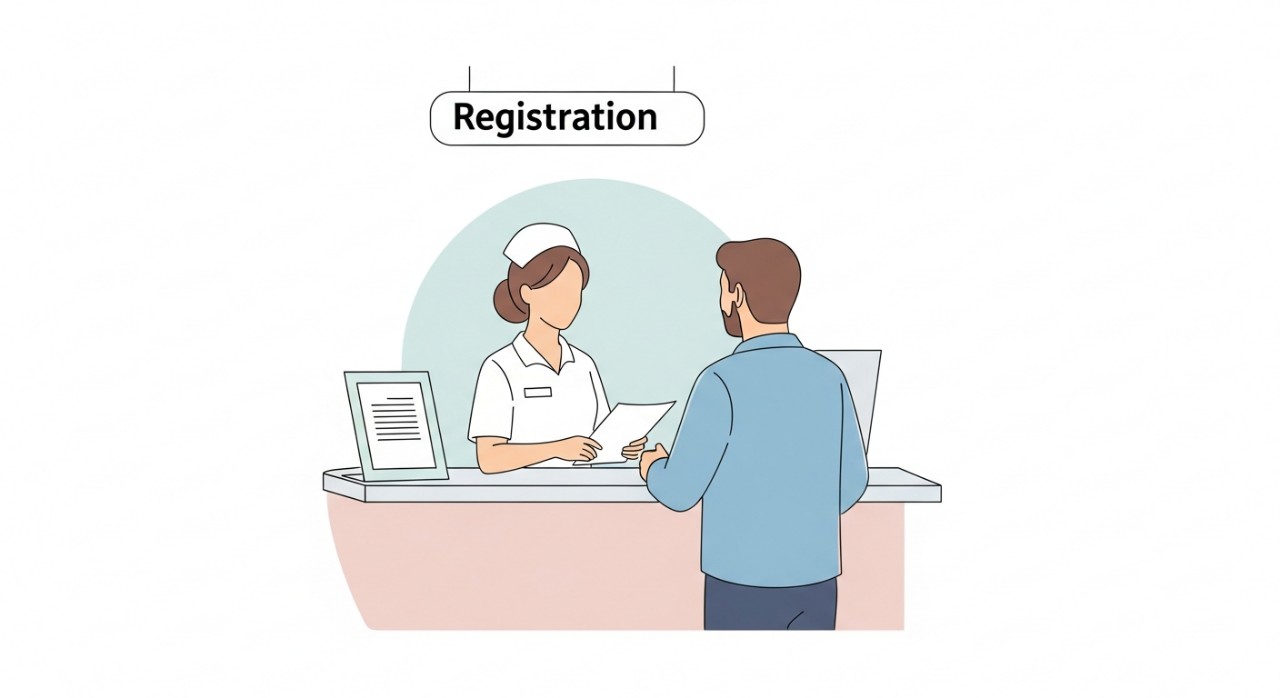 Seorang jururawat sedang membantu pesakit di kaunter pendaftaran utama klinik.