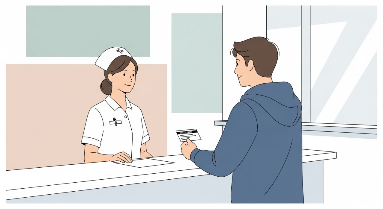 Seorang jururawat sedang menyambut pesakit di kaunter pendaftaran klinik