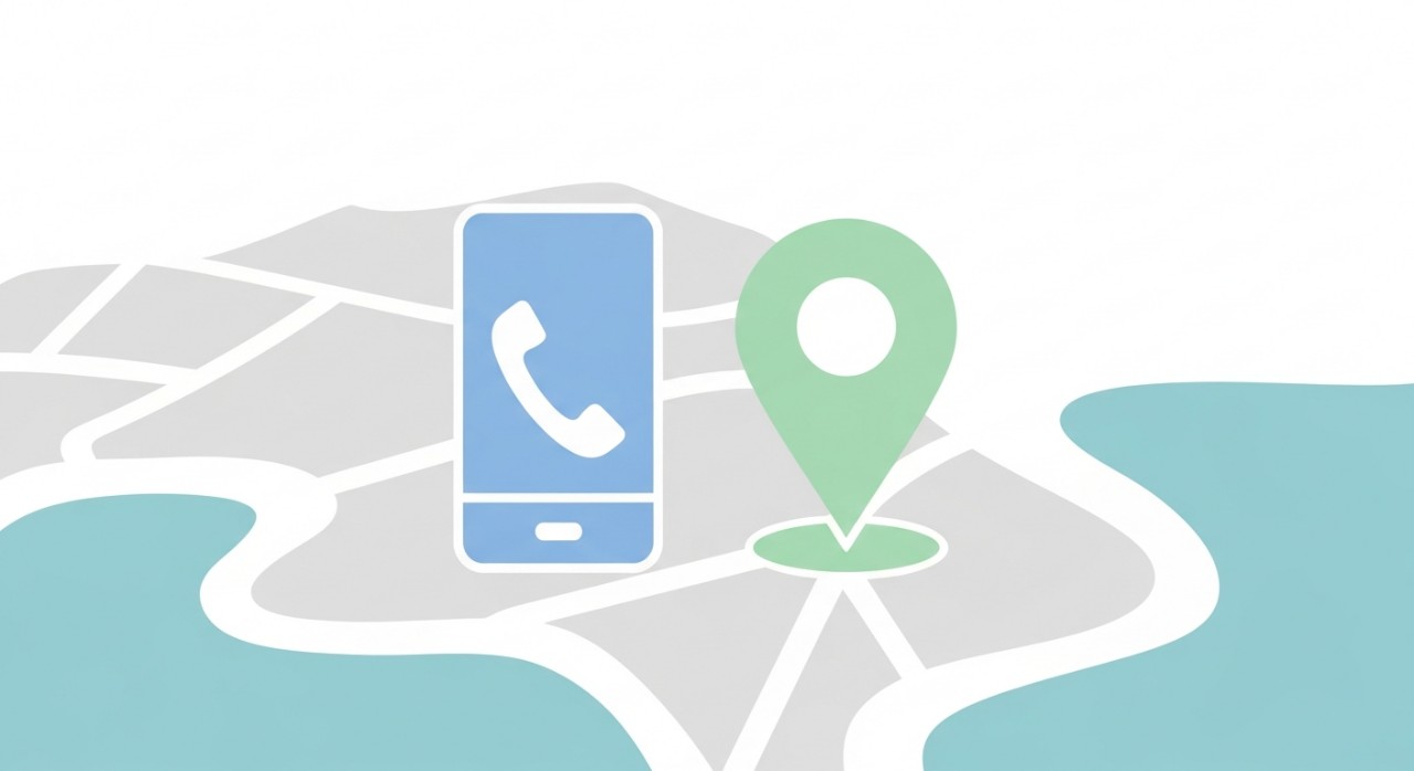 Simbol ikon telefon bimbit dan ikon lokasi yang digabungkan untuk menunjukkan maklumat hubungan dan alamat klinik.