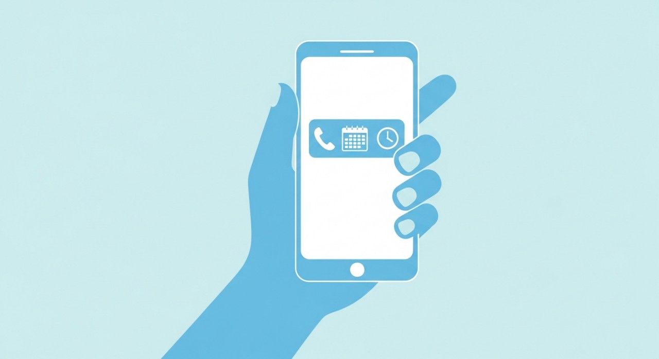 Seseorang menggunakan telefon pintar untuk melihat kalendar dan menghubungi kaunter klinik bagi membuat temu janji.