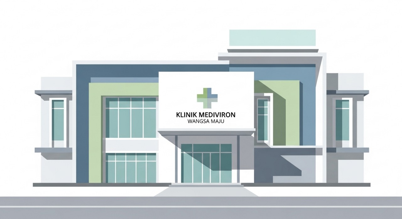 Pandangan luar bangunan Klinik Mediviron Wangsa Maju dengan kawasan parkir yang jelas.