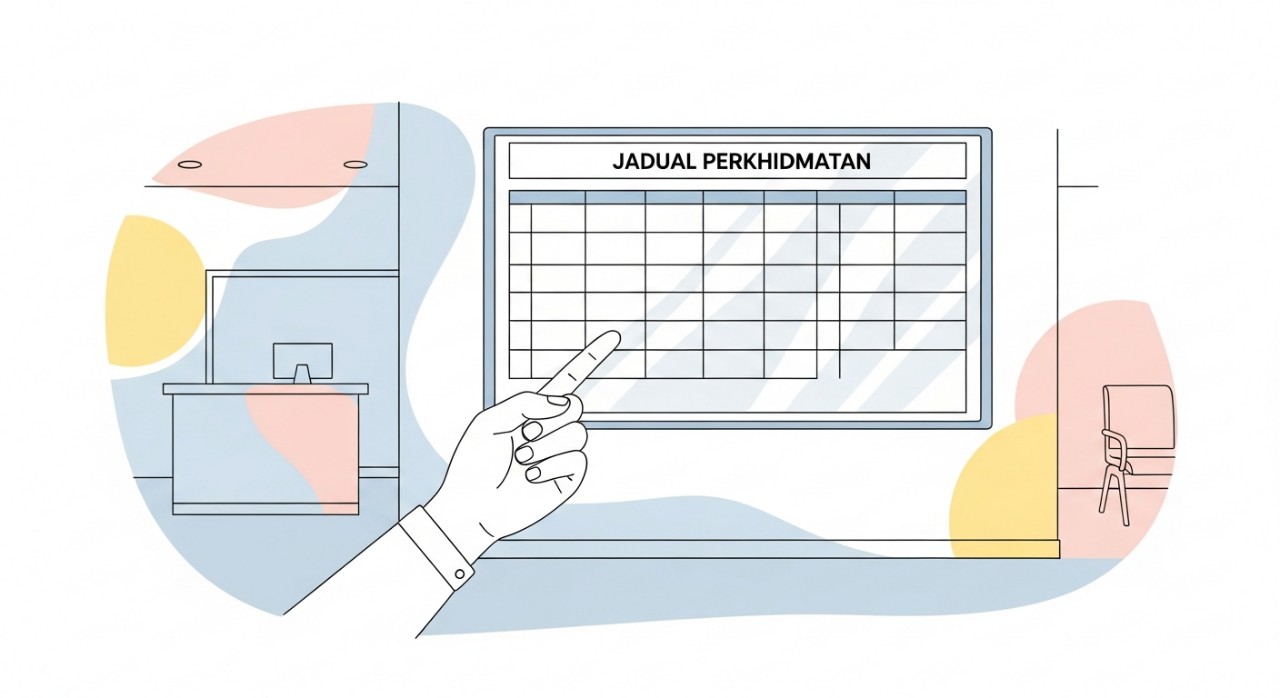Jadual & Masa Operasi Klinik Kesihatan Labuan Terkini 2026 2 Tangan sedang menunjuk pada jadual perkhidmatan yang dipamerkan di dinding klinik.